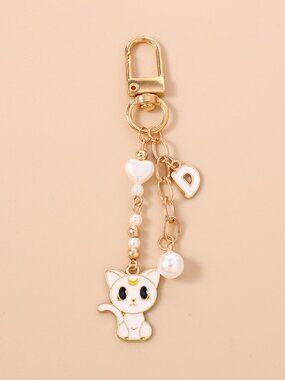 3/$25 NWT White Cat Keychain Pearl Heart Initial D Bag Charm
